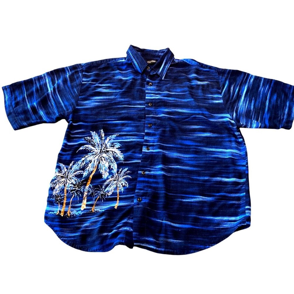 Mens Medium Puritan Button-Up Hawaiian Shirt Blue With Palm Tree Design Short Sl